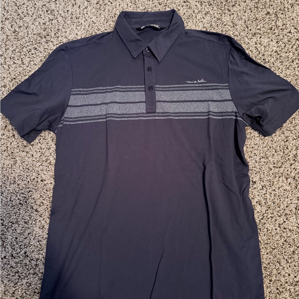 Travis Mathew Navy Polo with Heathered Gray Chest Stripes